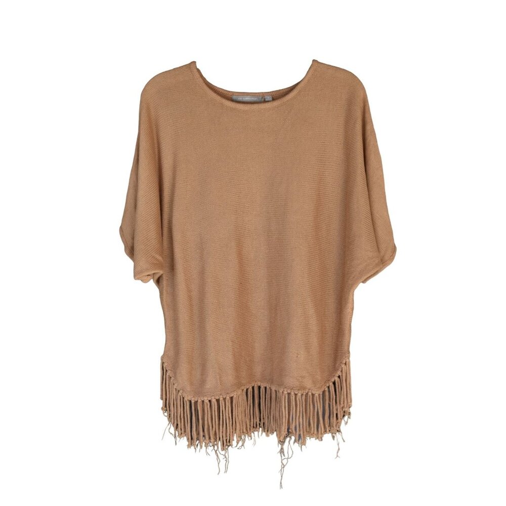 Women's NY Collection Brown Boho Knit Fringe Short Sleeve Sweater M